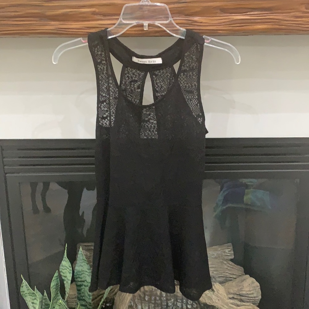 {Sweet Rain}Sz S Sheer Black Peplum Top